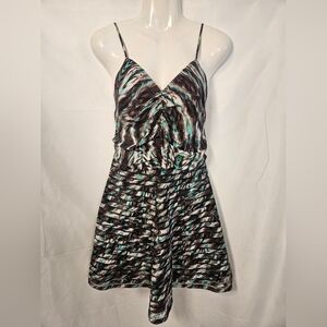 Parker 100% Silk Ruched Abstract Print Spaghetti Strap Mini Dress Medium